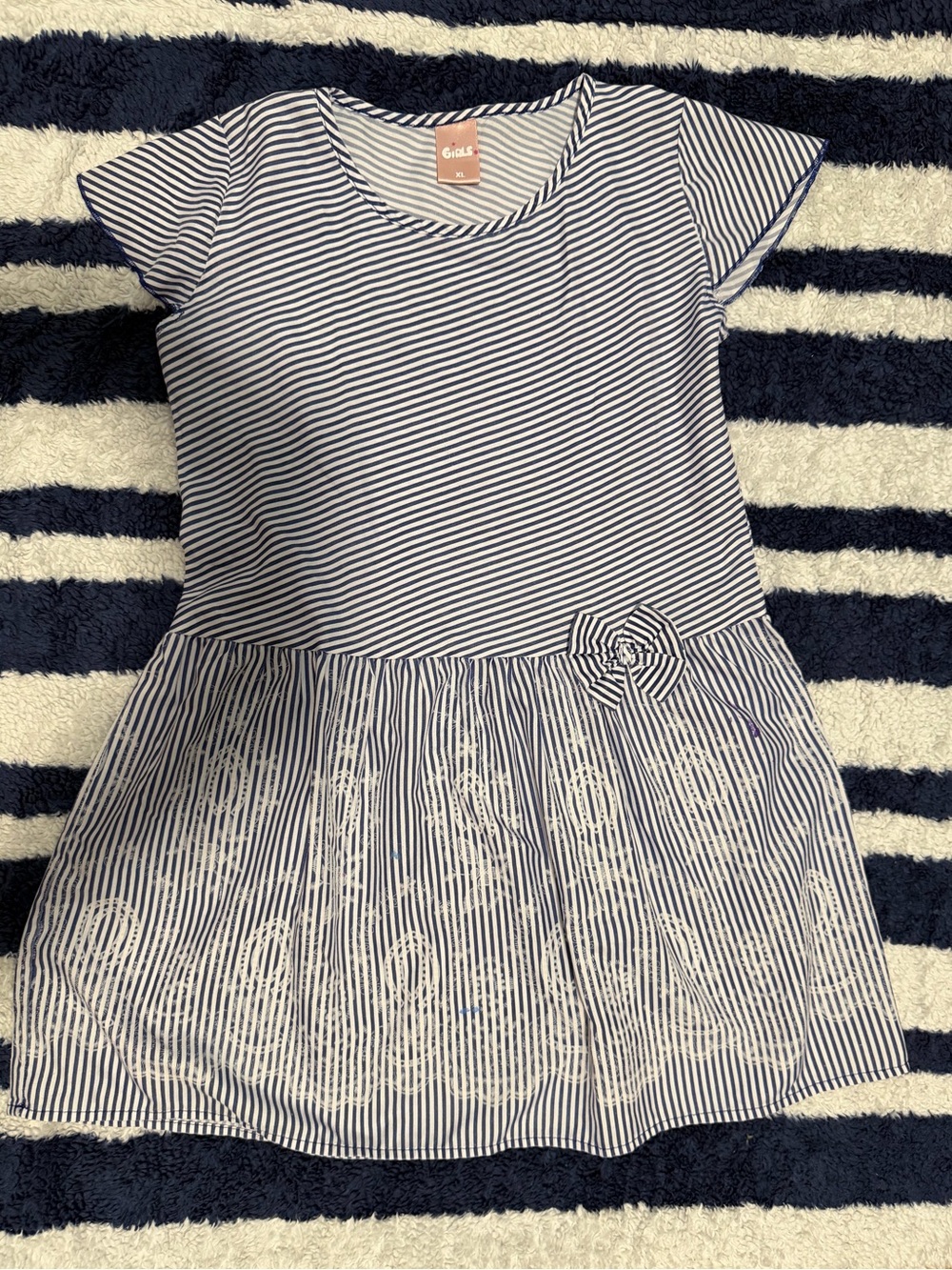Striped Navy & White Girls' Dress with Rosette